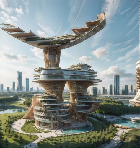 Amazing Architecture by zaha hadid, tower in the sky, by syd mead, park, trees, people, realistic, pools, BLUE SKY, NEAT