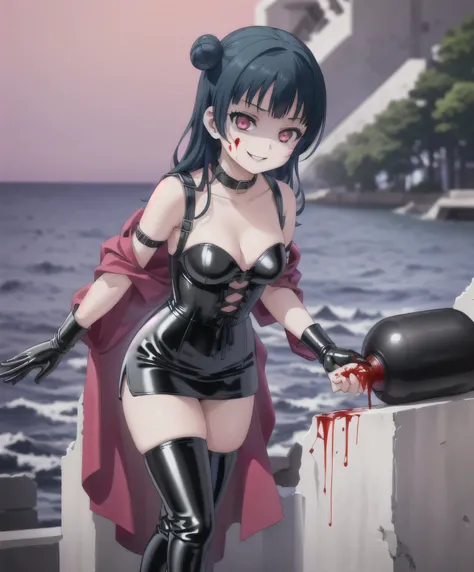 (masterpiece, best quality), 1girl, solo, Yoshiko Tsushima,black latex,very evil grin , ,,(((corset dress with shoulder straps)))、(((Black latex tight mini skirt:1.4)))、(((Black Thigh Boots)))、Stiletto heels、(((Black latex panties)))、(((Black latex bra)))...