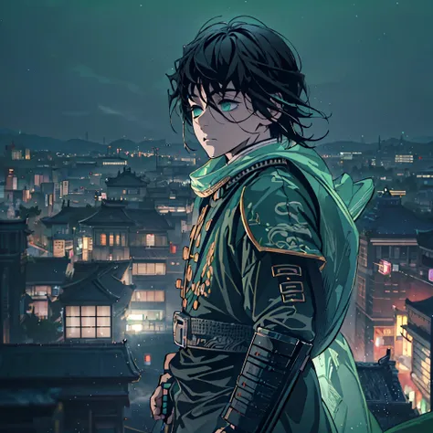 a samurai boy with semi-long black hair, large mint green eyes, serene expression, standing on a rooftop in the city at night, s...