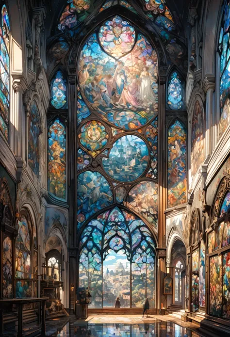 best quality, super fine, 16k, incredibly absurdres, extremely detailed, delicate and dynamic, jigsaw puzzle, transparent stained glass, orthodox paintings on black framework, iridescent reflections, white building walls, Mediterranean atmosphere