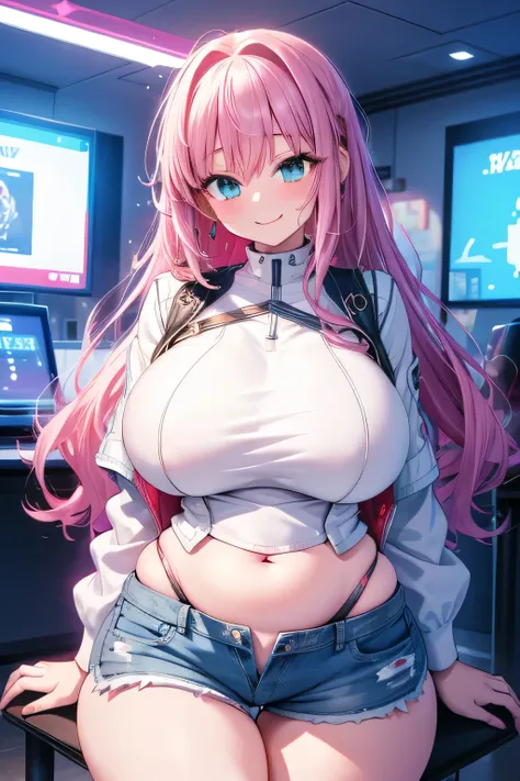 erotic anime、best quality、 high resolution、 plump、 a girl with a big bust and hips makes sexual appeal in a futuristic game cent...