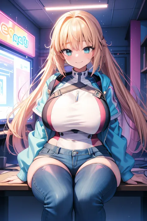 erotic anime、best quality、 high resolution、 plump、 a girl with a big bust and hips makes sexual appeal in a futuristic game cent...