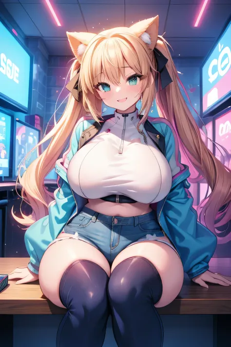 erotic anime、best quality、 high resolution、 plump、 a girl with a big bust and hips makes sexual appeal in a futuristic game cent...