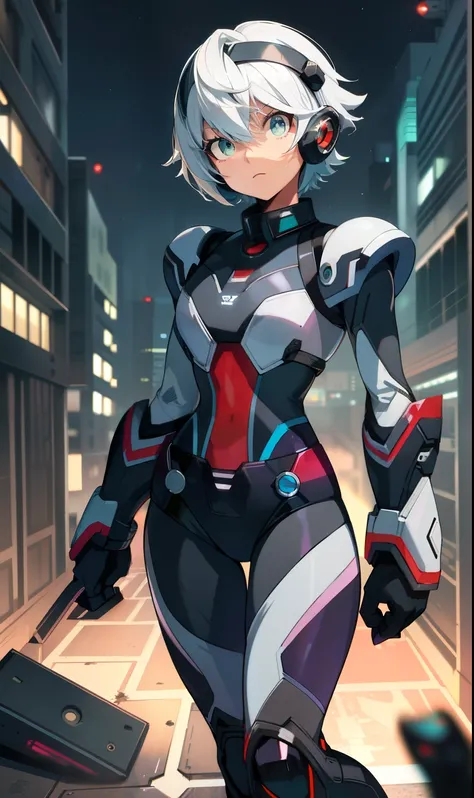best qualityer,tmasterpiece,Ultimate resolution,downy,Extremely colorful,Colorful,Women combatants,a matural female,Short white hair,Tight combat suit,tightsuit,With a belt,Steel City background,the night,Normal posture