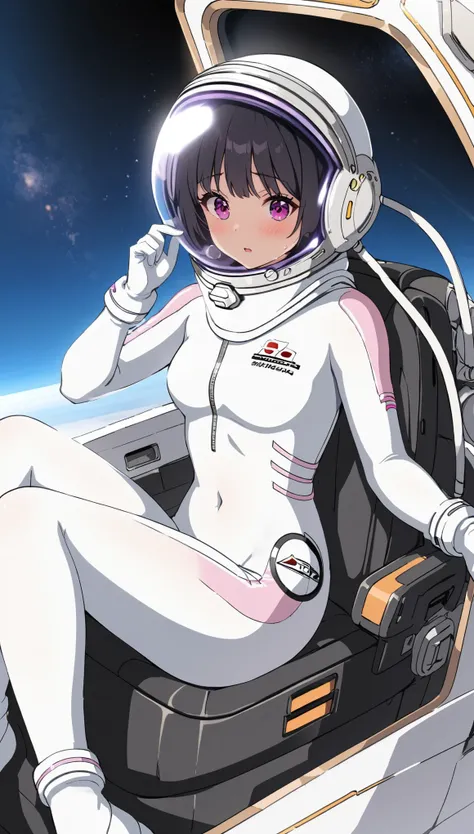 1人of女of子,Alone,short hair,(Space Suit:1.15), Black Hair Space Helmet ,whole body, indoor, masterpiece of the highest quality, trembling, difficulty breathing, bodysuit,Lumine , Bubble Helmets , short hair, backpack,gloves,blush,internal (cockpit) of (Fu...