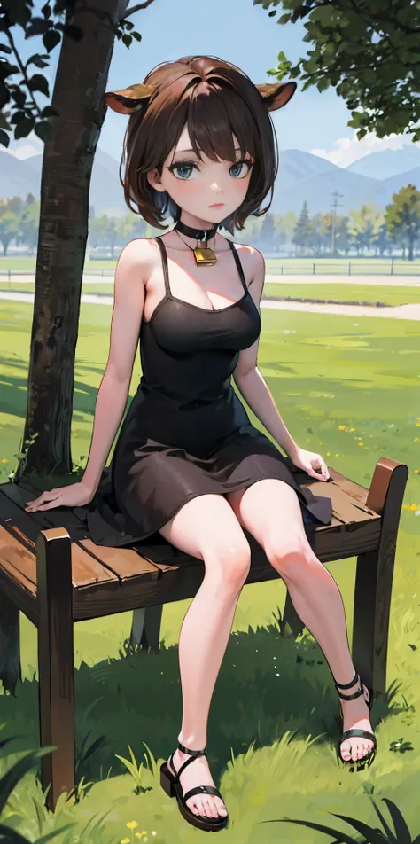 sitting straight symmetrical, sitting on grass, full body, solo girl looking to the camera, cow bell choker, metal sandals