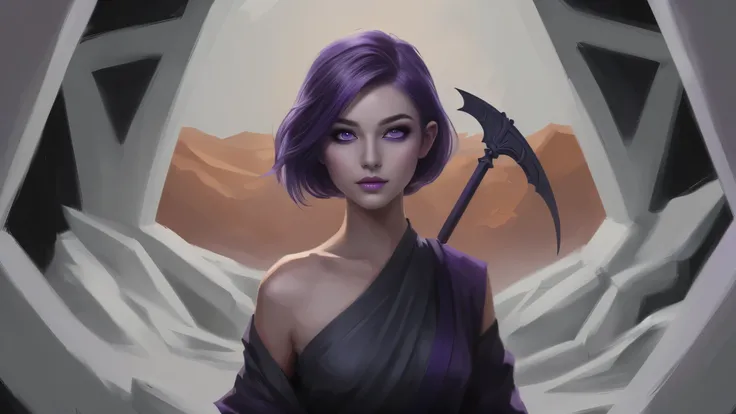 monk woman with purple hair and a purple eyes holding a kama, epic fantasy digital art style, Gorgeous Fantasy art of slim D&D monk with kama standing in elven crypt, (violet eyes), painted Fantasy Dungeons and dragons art, 1female. Grey rippet outfit. (Pu...