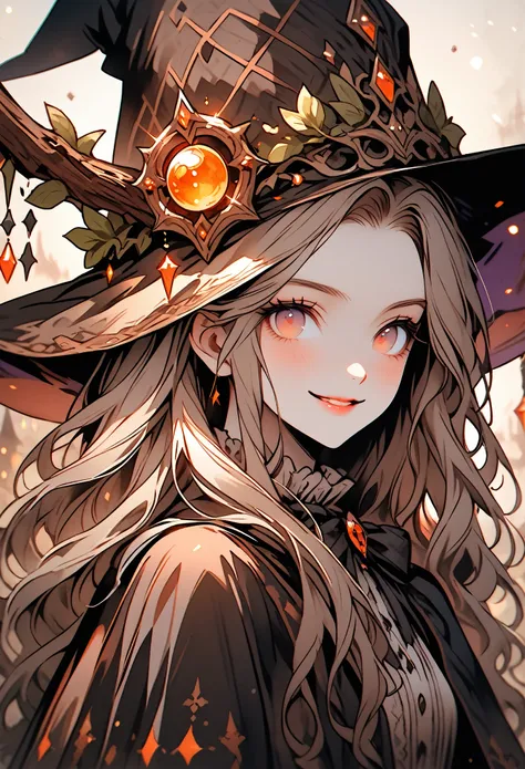 solo, girl, close up, witch, long hair, cape, staff, victorian era, fantasy, smile