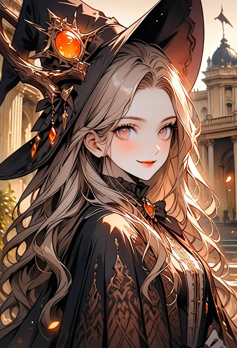 solo, girl, close up, witch, long hair, cape, staff, victorian era, fantasy, smile, academy, palace, luxurious