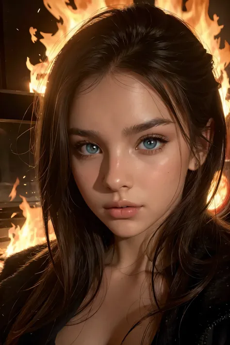 Portrait of a woman up close , beautiful face and eyes , Fire in the Background, fire illuminating her face and in the reflection, muffled and dark