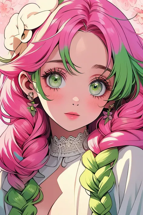 Convert your flower art into illustration.、Create backgrounds with vibrant colors and unique touches　The type of flower is statice、Gypsophila、sweet pea、Mix in some lace flowers, portrait, face portrait, big breasts, cleavage, pink hair, green eyes, (green ...