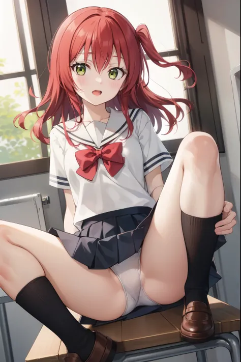 kitaikuyo, ikuyo kita, (green eyes:1.5), hair between eyes, long hair, one side up, red hair,
BREAK black footwear, black skirt, grey sailor collar, pleated skirt, sailor collar, school uniform, shoes, short sleeves, shuka high school uniform, skirt,,
BREA...