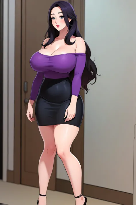 A sexy busty curvy woman, purple long hair, fair skin, blue eyes, wearing a short tight black skirt, a tight RED top with a revealing V neckline and full sleeves, black heels. Standing, looking straight, blush expression, show full body from head to feet.