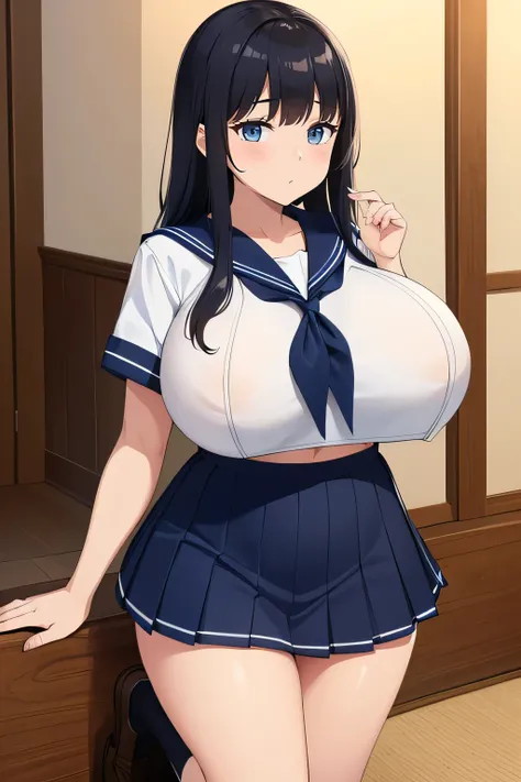 (8k, RAW photo, highest quality, masterpiece: 1.2),(long black hair,dull bangs), Japanese woman,beautiful face,blush,grin and laugh,(cowboy shot:1.5),(((short sleeve, cute white sailor suit, dark blue pleated skirt, navy sailor color, sailor scarf, socks, ...