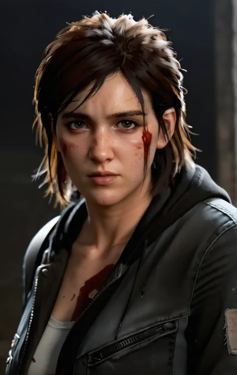 photo of ohxw, ellie, tattoo on left arm, woman, black jeans, close up, , short length hair, face details, low key lighting, blood on her face. Sexy face dark jacket with hood