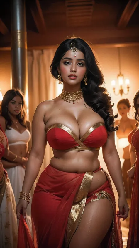  Beautiful cute wet tamanna bhatia, with thick thighs and a curvy waist,  wearing a red beautiful Indian dress, ((lowwaist)), ((wet silky hair)), ((wet hair)), ((loose wet hair)), (( beautiful Indian dress)) , bindi on forehead, highly detailed, depth of f...