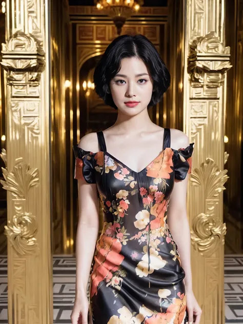 (20-year-old princess, standing ), ( Ultra-realistic ), (masterpiece), (( short hair:1.46)), (Smooth black hair), (chest:1.0), ( kind smile:0.9), (Floral Dress:1.46), (Majestic Palace:1.46), Orange lipstick