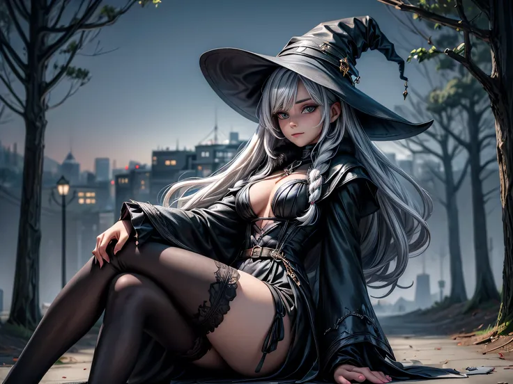 woman in a witch costume sitting next to a road with trees and cities in the background, winter weather, Next to her beautiful furry black dog , clothes color black , white-haired