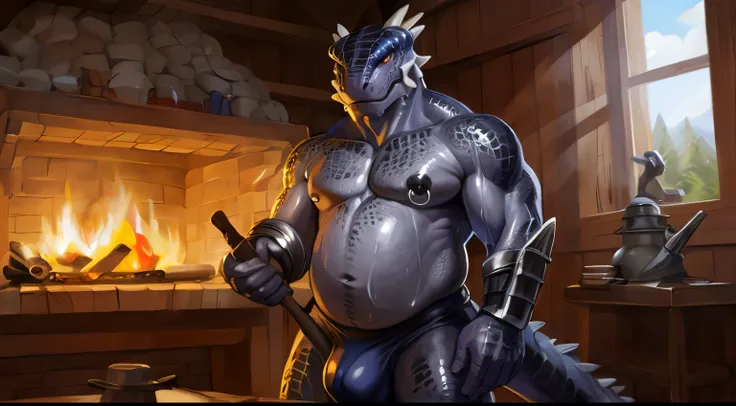 (kemono, by chunie, by narse, by dagasi, by syuro), male, 1boy, argonian, black scales, shine eyes, handsome face, blacksmith, day, dim, detailed eyes, fat, musclegut, detailed clothing, sweat, musk, (old, dad, daddy, old man, 50-year-old middle-aged man, ...