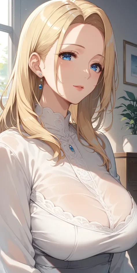 score_9, score_8_up, score_7_up, mature woman, milf, blue eyes, perfect eyes, blonde hair, chignon hair, large breast, long sleeve dress, white transparent dress, close up, home, soft light