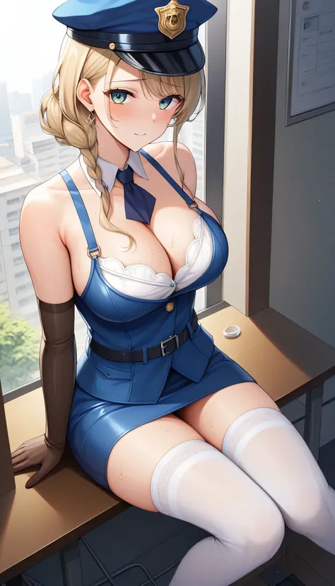  BEAUTIFUL GIRLS ，，Police Officer Cosplay，  ，(Big Breasts)， white stockings that go above the knee、High angle view, ,, quality_masterpiece,   anatomically accurate full body standing picture , Beautiful Face, Gentle features ,  details skin, Big Breasts,  ...