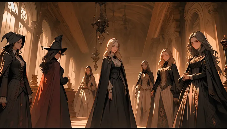 multiple women, coven, female, close up, witch, long hair, cape, staff, victorian era, fantasy, academy, palace, luxurious, indoors, enclave, erudite, politics, studious conversation