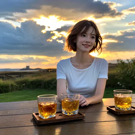 (Realistic, superrealistic:1.4), 16K HDR, High resolution,Brown short hair,The best smile、Japanese actress,Super Beauty(Like the real thing),Short sleeve dress,Whiskey Bottle、The Macallan、Johnnie Walker、、Old Parr、whiskey、Suntory、Nick、Slim couple、Model Coup...