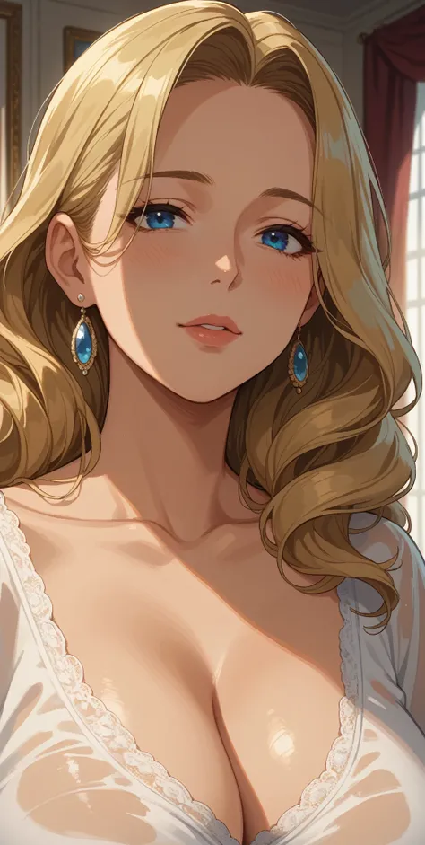 score_9, score_8_up, score_7_up, mature woman, milf, blue eyes, perfect eyes, blonde hair, chignon hair, large breast, long sleeve dress, white transparent dress, close up, home, soft light