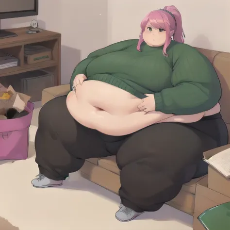 (massively obese woman in a knit blue and green sweater and black sweatpants with her belly hanging out), pink single ponytail , sitting in a couch, sweaty
