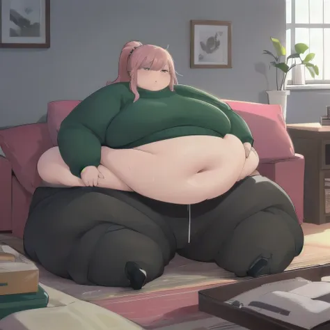 (massively obese immobile woman in a knit blue and green sweater and black sweatpants with her belly hanging out), pink single p...