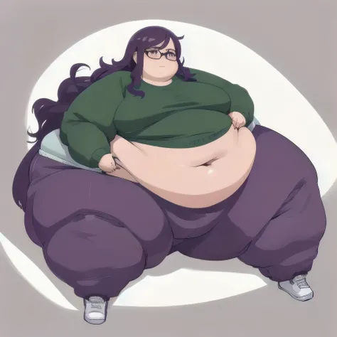 Very fat woman, obese, overweight, dark purple hair, wavy hair, glasses, double chin, thick neck, large thighs , very long hair, hair going over front of body, big belly, lots of fat, wide figure, sagging belly, belly hanging, purple sweatpants, tight pant...