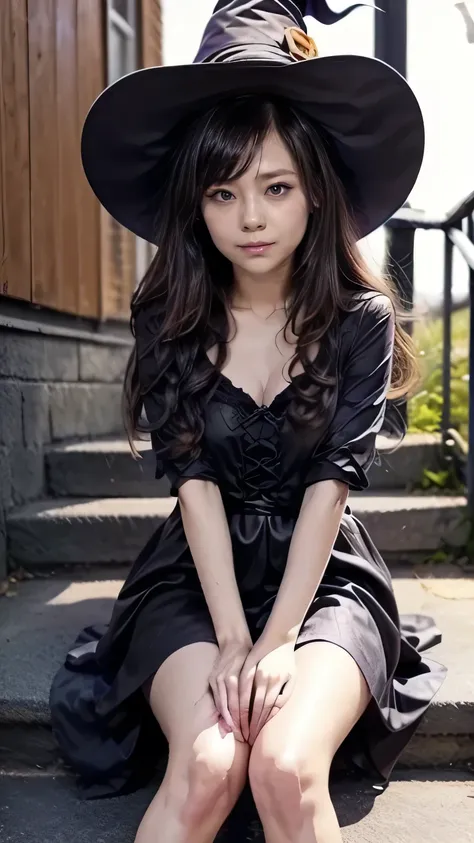 halloween night:1.3、(woman sitting on stairs :1.2、witch、squint your eyes and laugh:1.3)、(( halloween cosplay、black pointed hat、w...