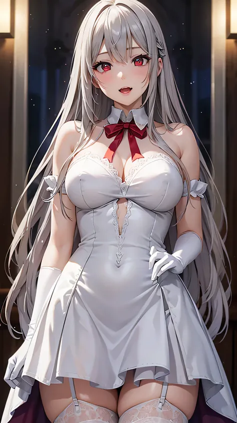  adult woman on the house, Alone,  sexy,8K resolution,((Best Quality)), ultra high resolution, ( shy face ), (Red eyes),  Beautiful Symmetrical Face , ( long silver hair ), white lace dress , white long skirt, garter belt,Realistic:1.4,Realistic:1.4,(maste...