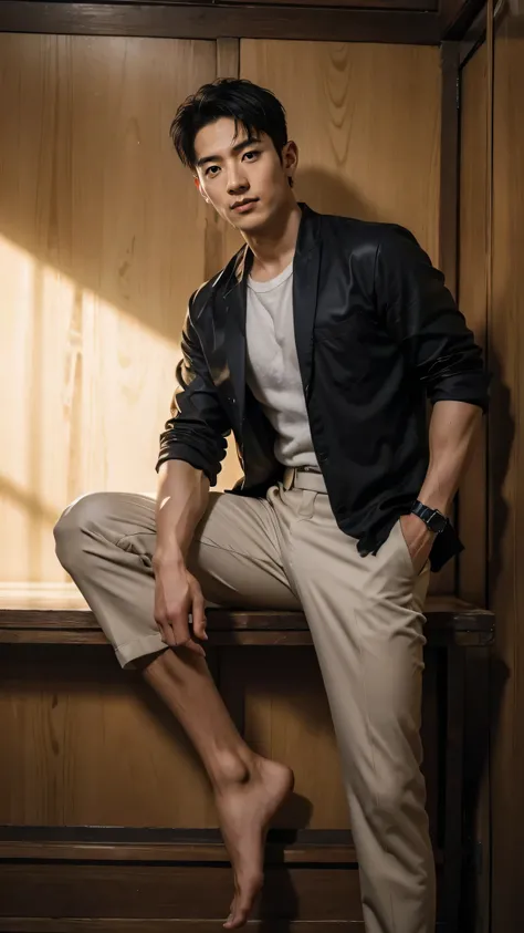 In this fascinating photo、A handsome 35-year-old Chinese man with a beaming. It highlighted his appearance, He was standing in the middle of the indoor studio.., Bathed in the golden light of a beautiful day. With unparalleled attention to detail., This re...