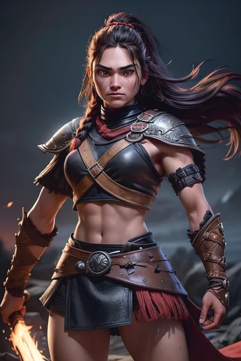 ( masterpiece , ultra high resolution:1.4), ( Photo of a Viking warrior with braided black hair.:1.3), (Tall stature and captivating brown eyes that emit a certain glow and light.:1.4), (Sony Alpha 1 camera, Renowned for capturing the highest level of deta...