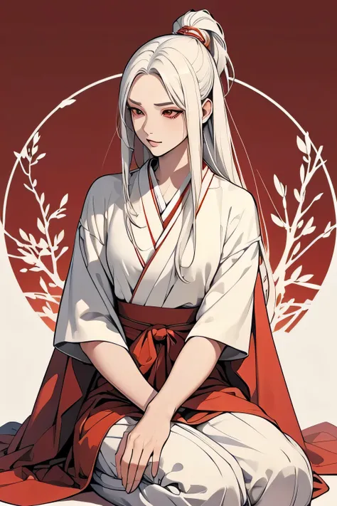 Image is a digital illustration featuring an anime-style albino asian extremely beautiful girl. The character is depicted with long, straight white hair, adorned with red cylindrical hairpieces. The skin tone is pale, and the facial features include large,...