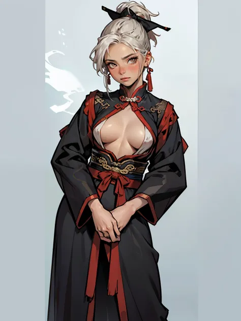 (high resolution, pixel perfect, gorgeous illustrations), (hyper quality, muste piece, etheric: 1.4), ((((cowboy_shot)))), ((1woman)), face focus, leaning forward, cool atmosphere, white hair, brown eyes, ((((Exquisite face, gloom)))), blush, ((ideal ratio...