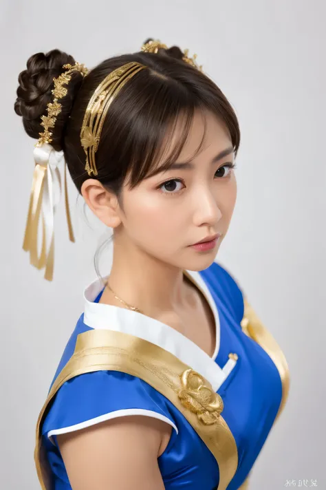 street fighter character chun li， wearing a classic blue cheongsam style clothing ， white trim and gold embellishment ， high sli...