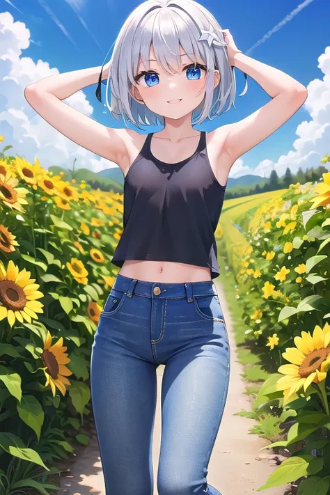 masterpiece,best quality,ultra detail,1girl, 14yo,petite,smile happy, flower garden, bright, sunshine, short hair, blue eyes, silver hair, hair ornament, ribbon hair ornament, Raise your arms and behind your head,White teeth, eihte tank top, jeans pants, (...