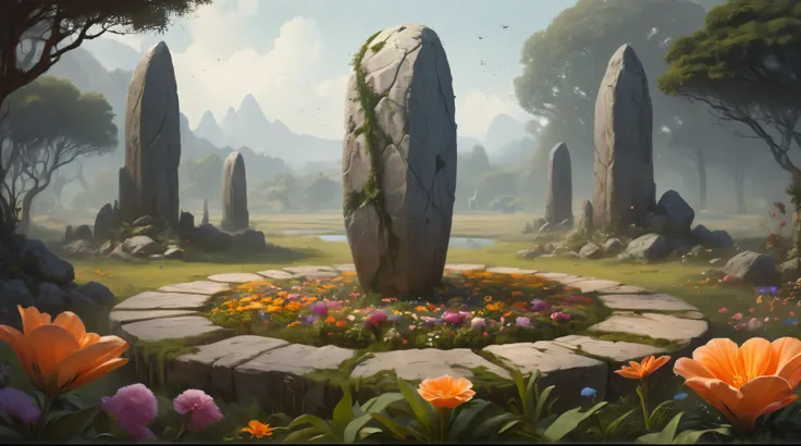 madhxg standing stone circle,  floating garden ， the background is a realistic detailed digital illustration of an exotic flower...