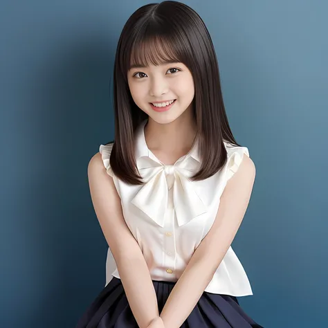 (Highest quality, masterpiece:1.2), Highest quality, High resolution, 1080P, 8k, (A noble, graceful and 13yo Japanese young girl who have a best proportion are seated giggling at me with extreme beatitude, laughing and posing like a fashion model, using fa...