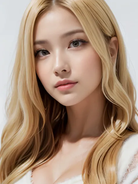 ((((blonde, Super long hair, very Long Hair, Fluffy Wave, white background, blonde, Look forward, Nordic))))))), blonde, Tabletop, Highest quality, Photorealistic, In detail, High resolution, 8k wallpaper, Perfect dynamic composition, Beautiful attention t...