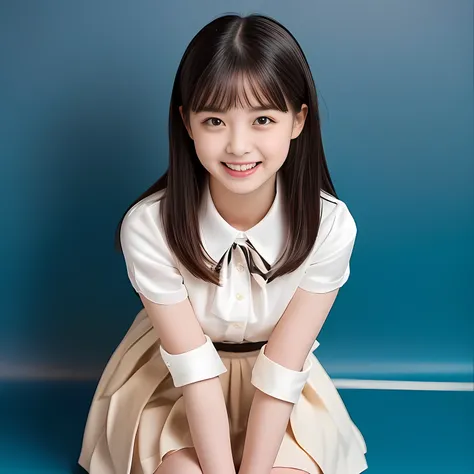 (Highest quality, masterpiece:1.2), Highest quality, High resolution, 1080P, 8k, (A noble, graceful and 13yo Japanese young girl who have a best proportion are seated giggling at me with extreme beatitude, laughing and posing like a fashion model, using fa...