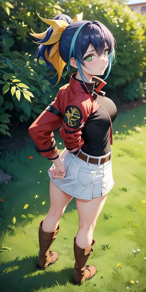 1 Female,High definition,high resolution,Ultra-realistic,8K, aaserena, yellow ponytail, ((multicolored hair)),green eyes, red jacket, black shirt, belt, white skirt, tight skirt, miniskirt ,brown boots, medium breasts,European,sexy,Upper body close-Photogr...