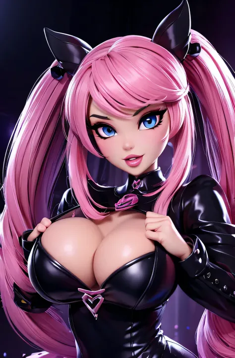  Barbie Chibi Ecchi girl wearing dark clothes ,Set in a dark room ,  larger breasts  , expression of seduction, erotic pose.