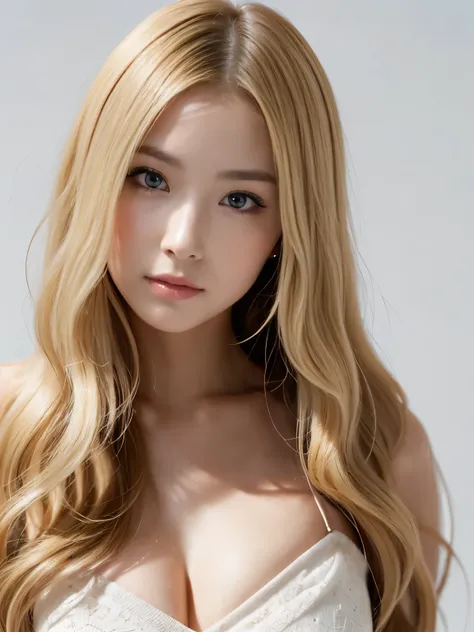 ((((blonde, Super long hair, very Long Hair, Fluffy Wave, white background, blonde, Look forward, Nordic))))))), blonde, Tabletop, Highest quality, Photorealistic, In detail, High resolution, 8k wallpaper, Perfect dynamic composition, Beautiful attention t...