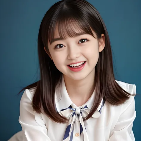 (Highest quality, masterpiece:1.2), Highest quality, High resolution, 1080P, 8k, (A noble, graceful and 13yo Japanese young girl who have a best proportion are seated giggling at me with extreme beatitude, laughing and posing like a fashion model, using fa...