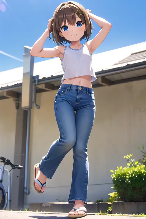 masterpiece,best quality,ultra detail,1girl, 12yo,petite,smile happy, on the building, bright, sunshine, yagami hayate, short hair, blue eyes, brown hair, hair ornament, x hair ornament, Raise your arms and behind your head,White teeth, white tank top, cro...