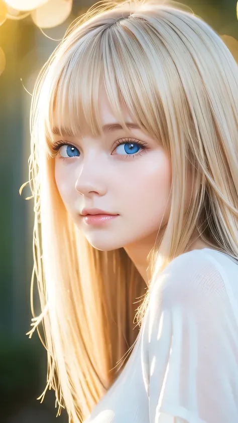 beautiful white shiny skin 、 blonde hair color that changes with light 、 long bangs blocking the view 、glossy highlight on cheek...