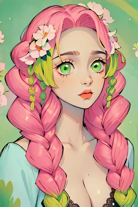 Convert your flower art into illustration.、Create backgrounds with vibrant colors and unique touches　The type of flower is statice、Gypsophila、sweet pea、Mix in some lace flowers, portrait, face portrait, big breasts, cleavage, pink hair, green eyes, (green ...